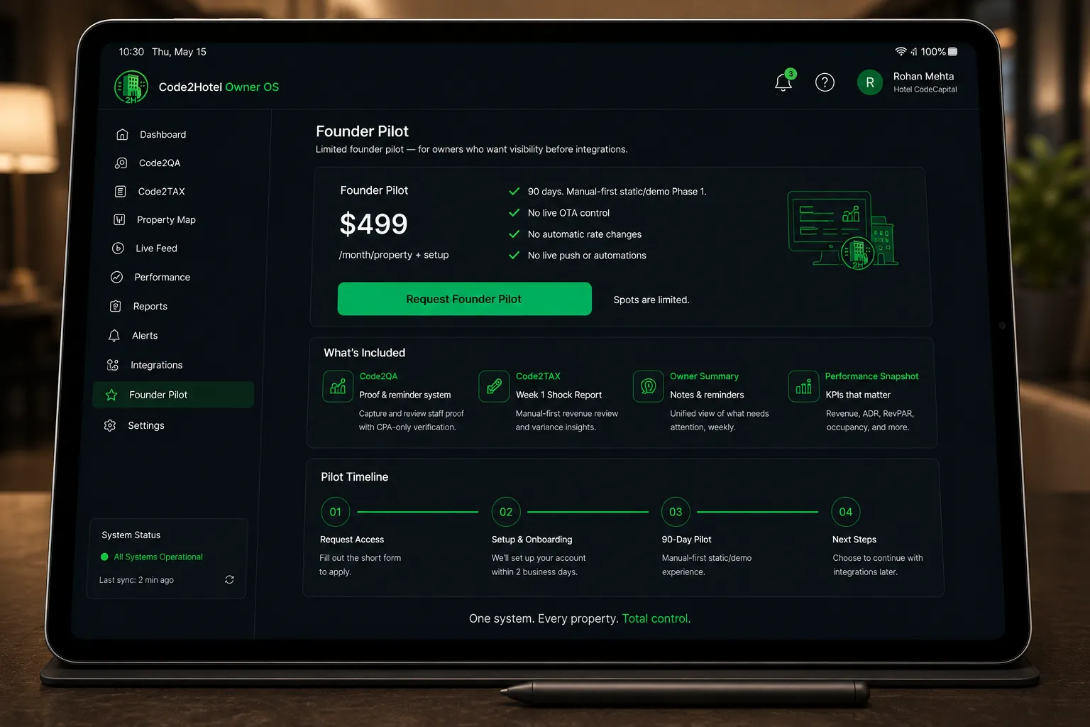 Code2Hotel founder pilot dashboard showing manual-first pilot pricing and timeline